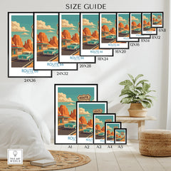 Travel poster Route 66 wall art size guide, various print sizes, vintage car and desert landscape