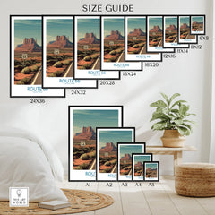 Route 66 wall art size guide showing desert landscape poster options for home decor.