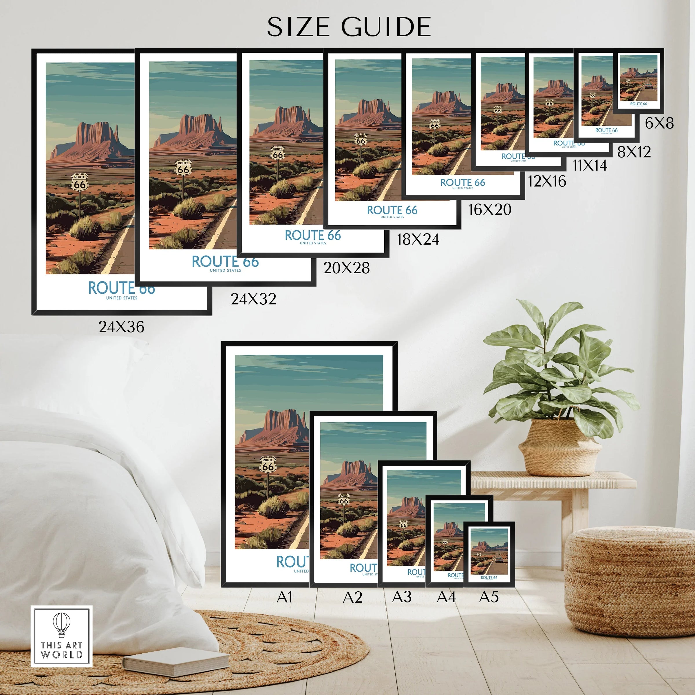 Route 66 wall art size guide showing desert landscape poster options for home decor.