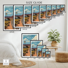 Route 66 wall art poster size guide featuring scenic road artwork in multiple print sizes