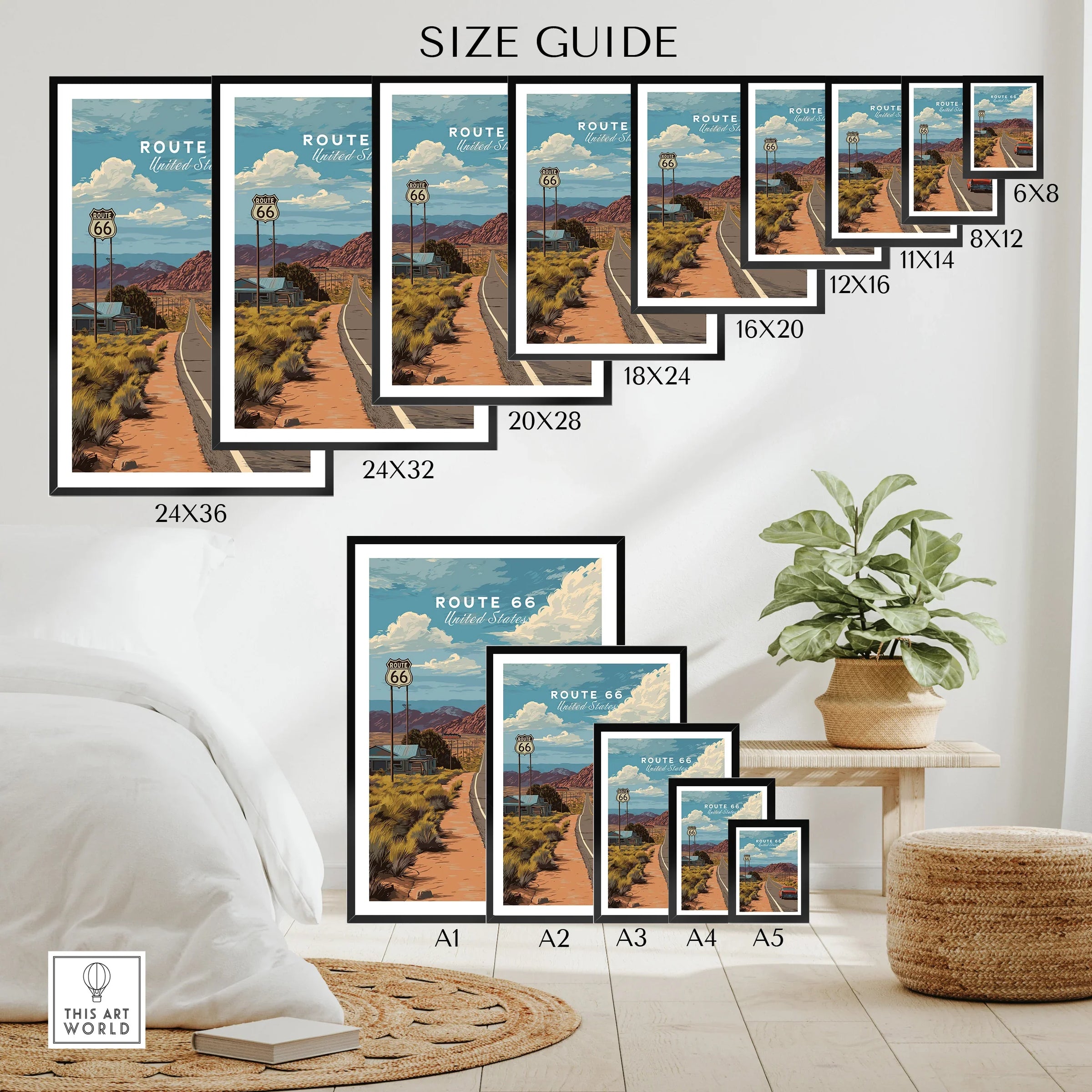 Route 66 wall art poster size guide featuring scenic road artwork in multiple print sizes