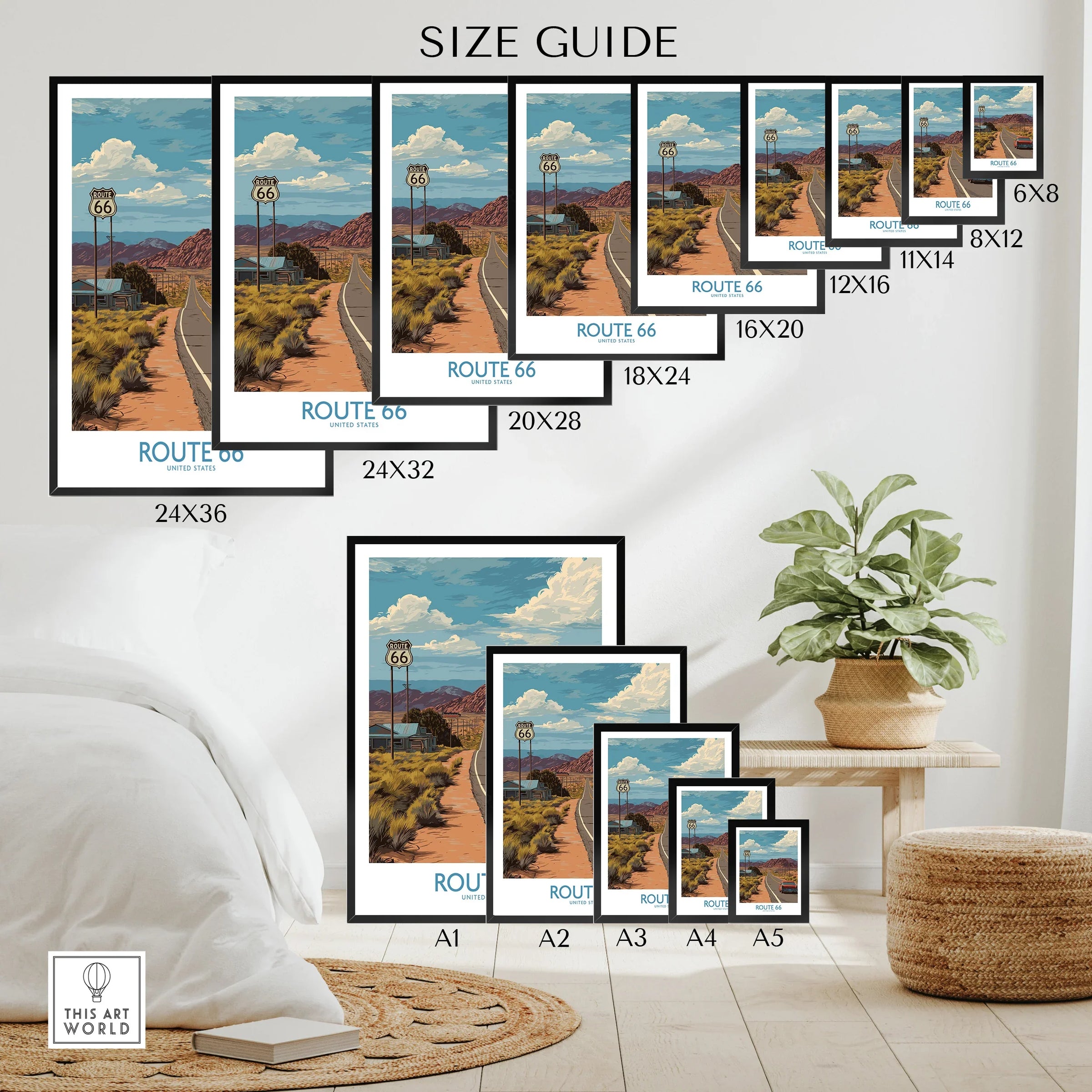 Route 66 travel poster wall art size guide, various print sizes displayed in modern room.