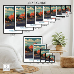 Route 66 poster wall art size guide featuring desert landscape in various print sizes.