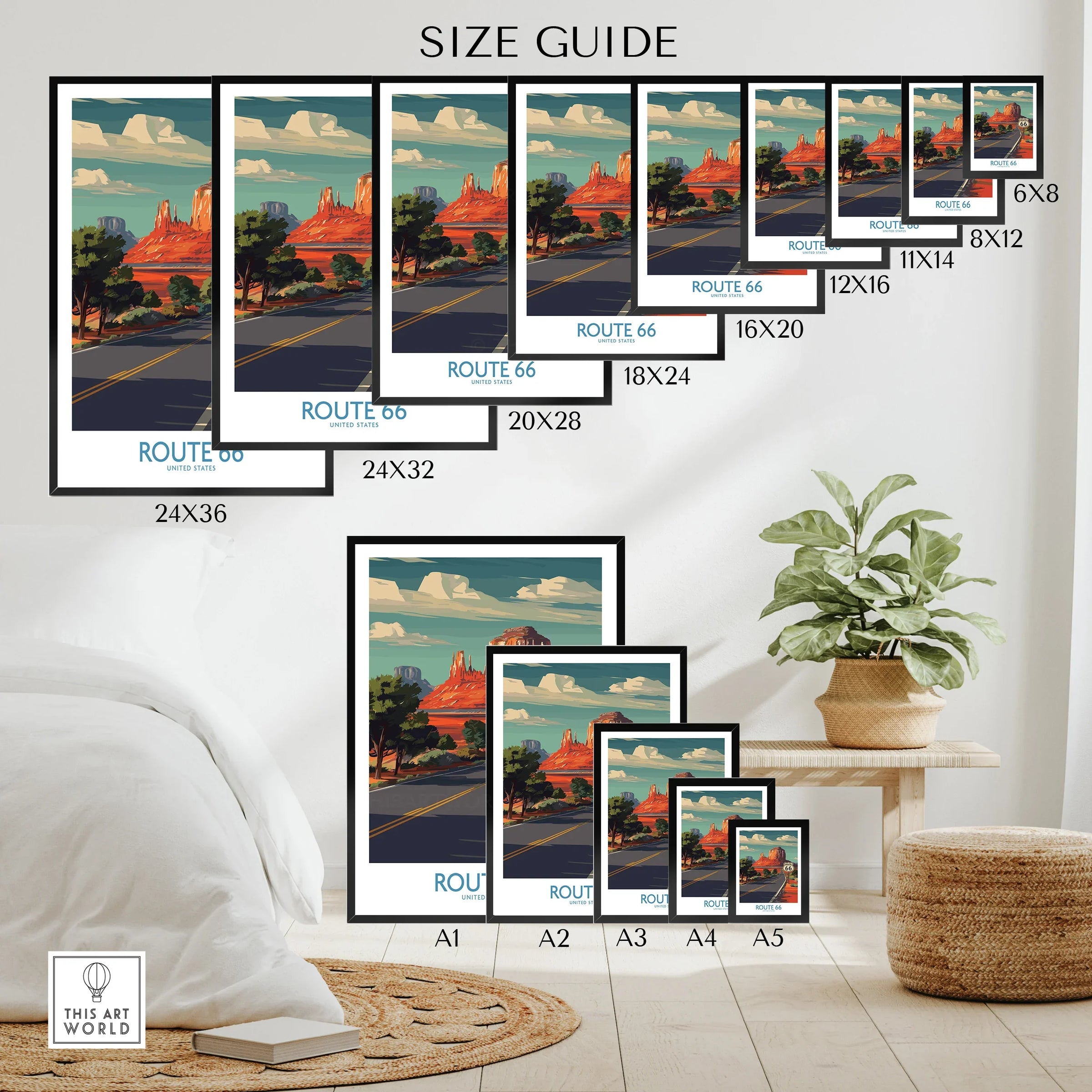 Route 66 poster wall art size guide featuring desert landscape in various print sizes.
