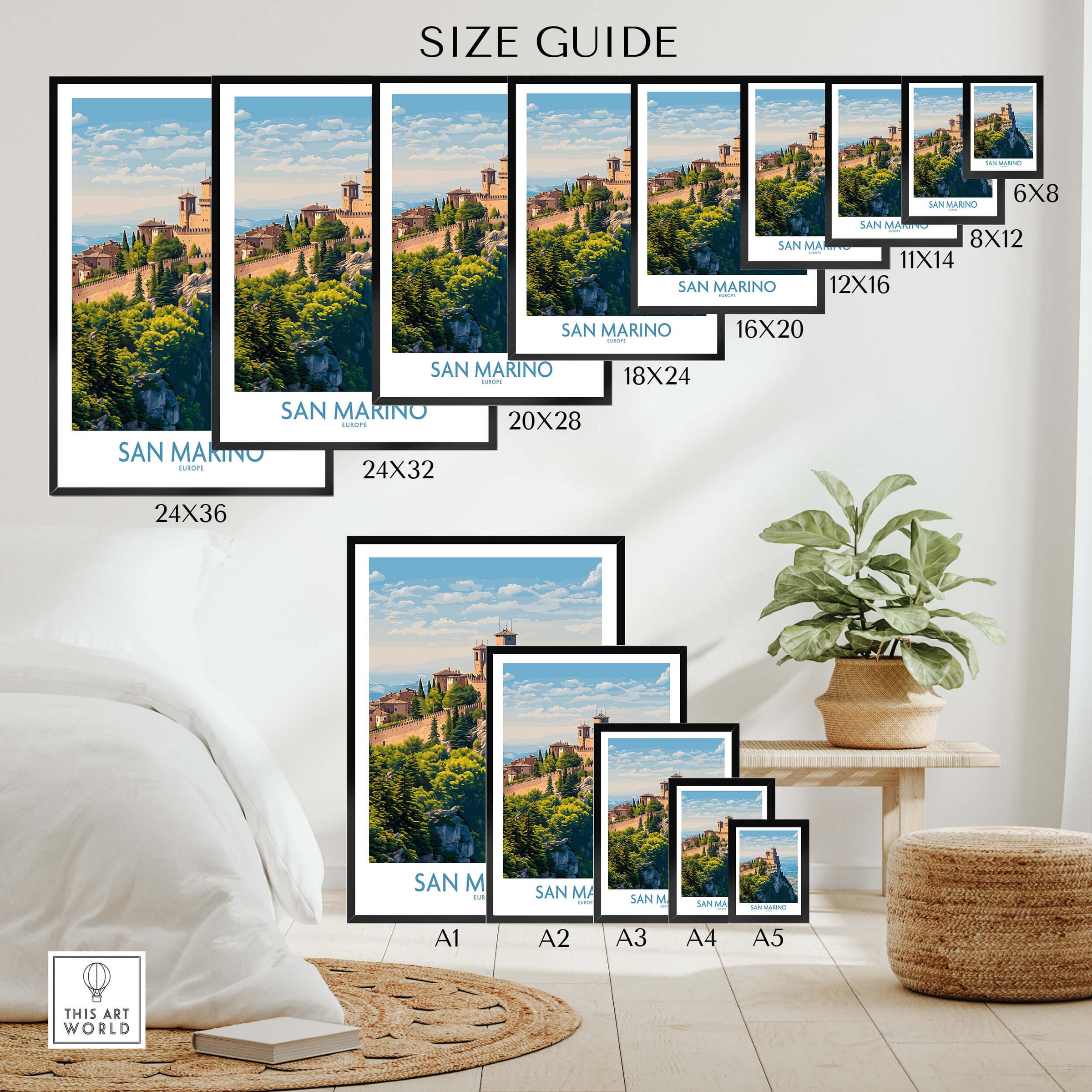 San Marino Poster | Canvas Print Size Guide showcasing various frame sizes for the San Marino artwork.