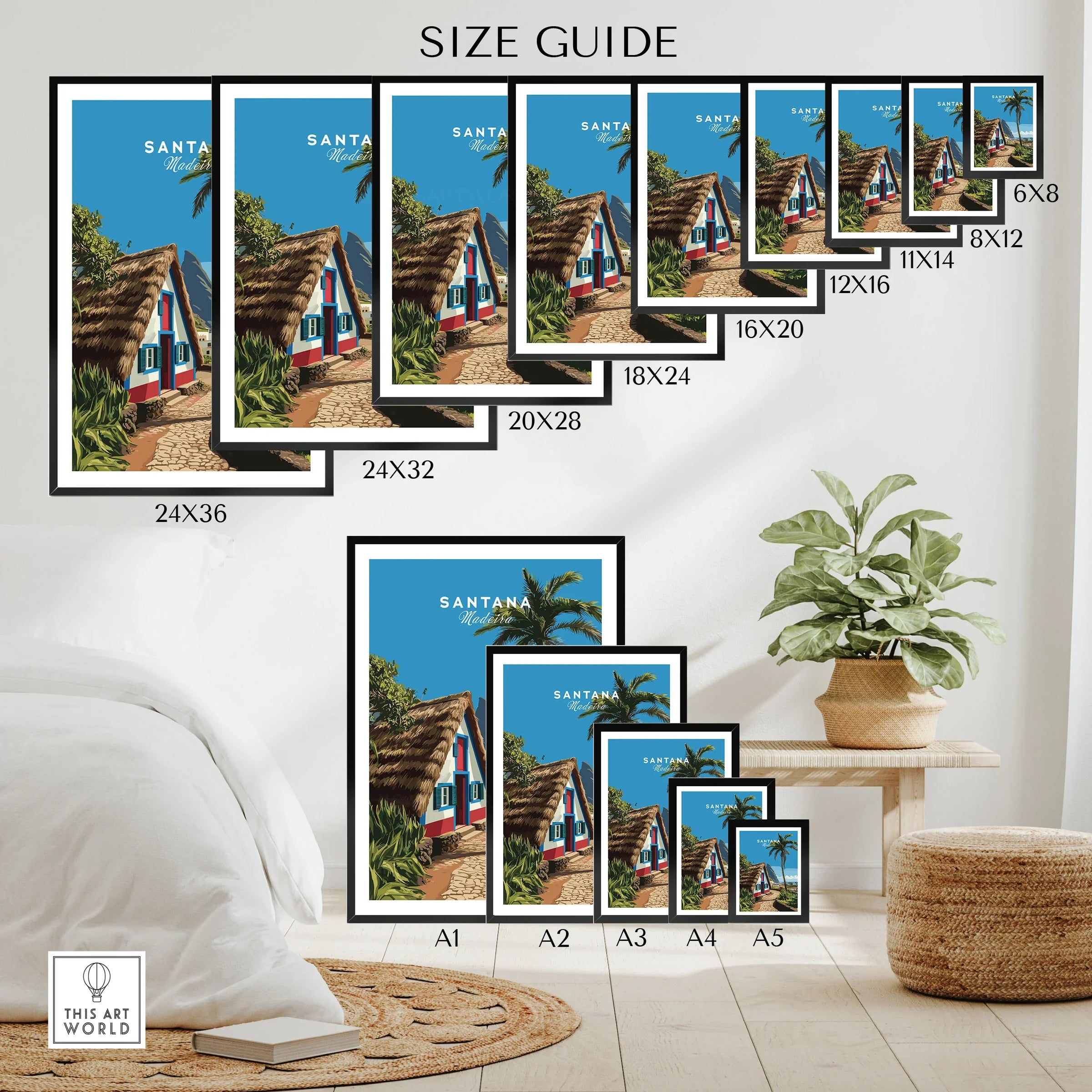 Wall art poster size guide showing Santana Madeira travel print in various frame dimensions.