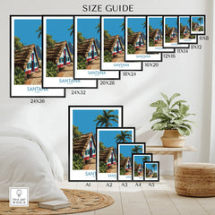 Santana Madeira travel poster size guide with multiple print sizes, cozy room scene, tropical decor