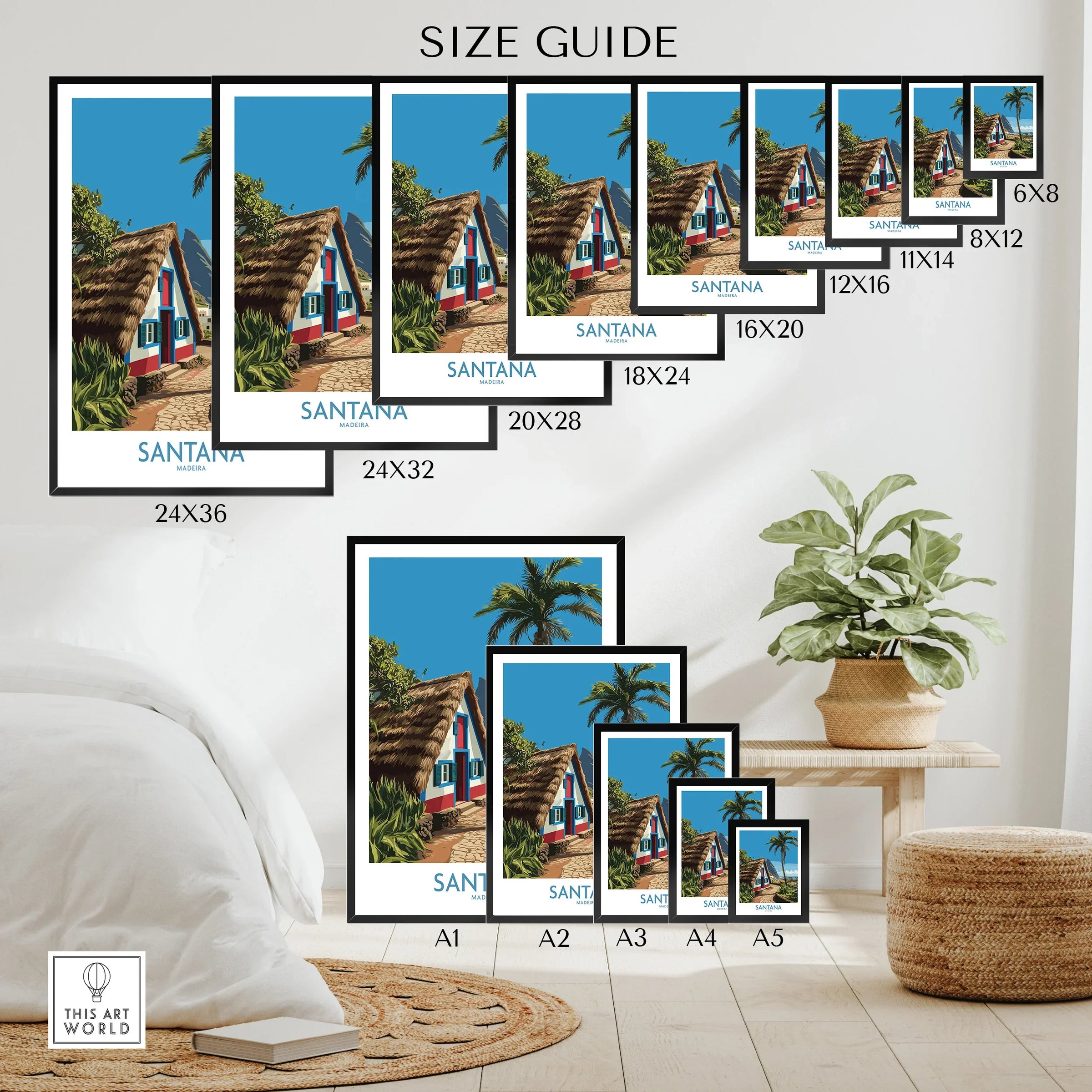 Santana Madeira travel poster size guide with multiple print sizes, cozy room scene, tropical decor