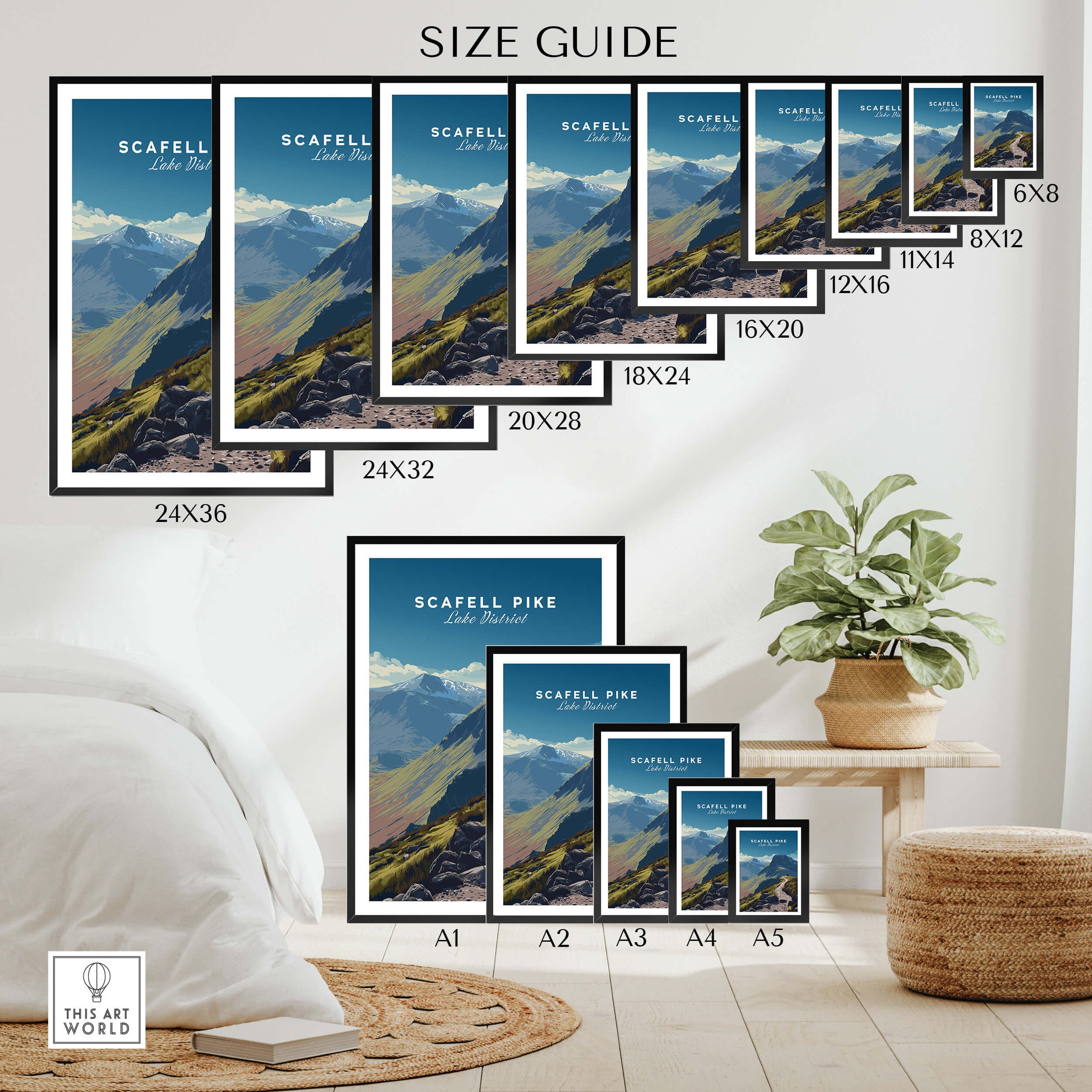 Scafell Pike Lake District Wall Art Print | English Mountain Peak Travel Poster size guide featuring framed prints.