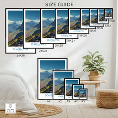 Scafell Pike Lake District Poster | Hiking Trail Landscape Canvas Print size guide showcasing various frame sizes.