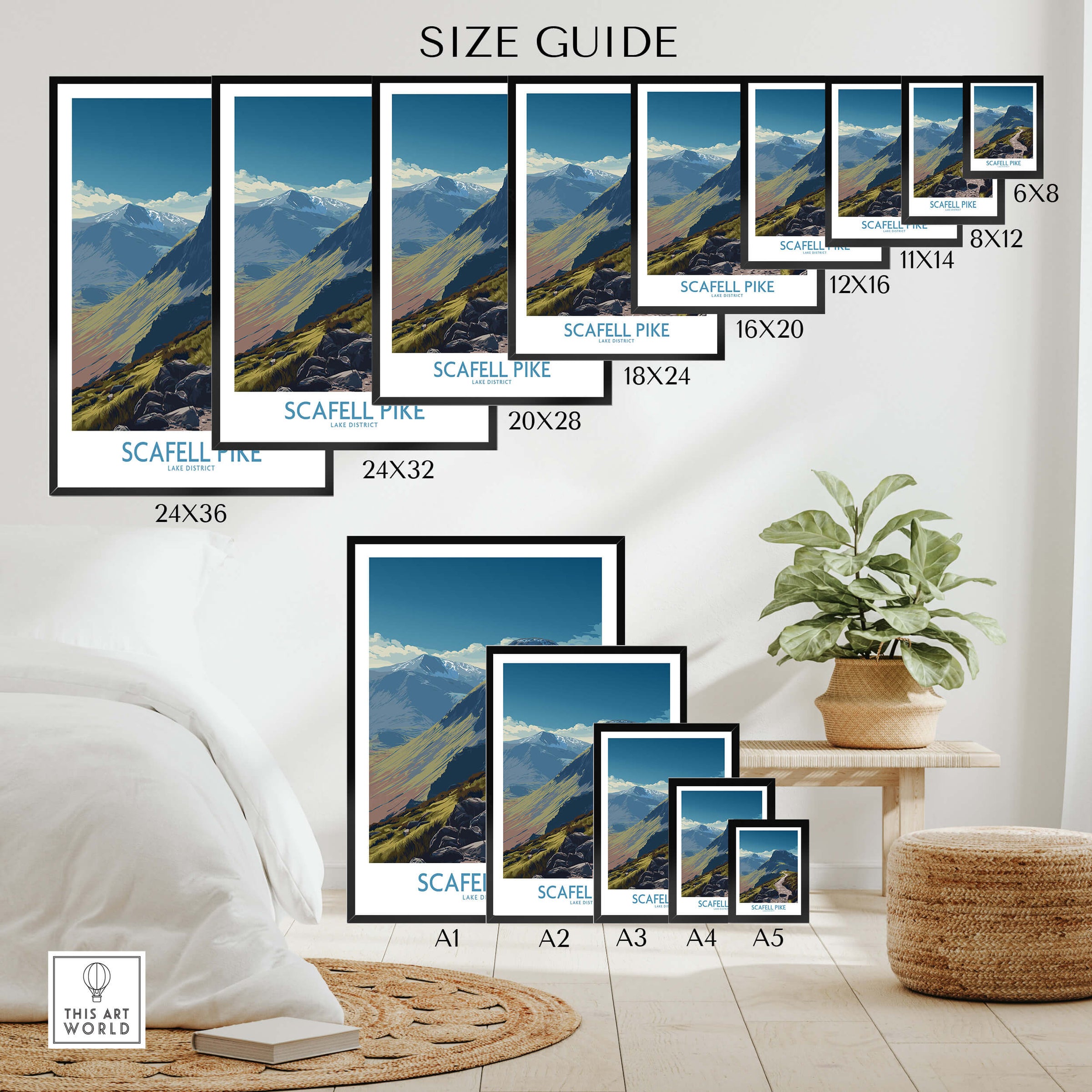 Scafell Pike Lake District Poster | Hiking Trail Landscape Canvas Print size guide showcasing various frame sizes.