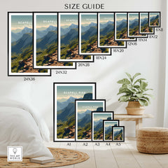 Scafell Pike Lake District Travel Poster | Mountain Valley View Wall Art Print size guide showcasing various frame sizes.