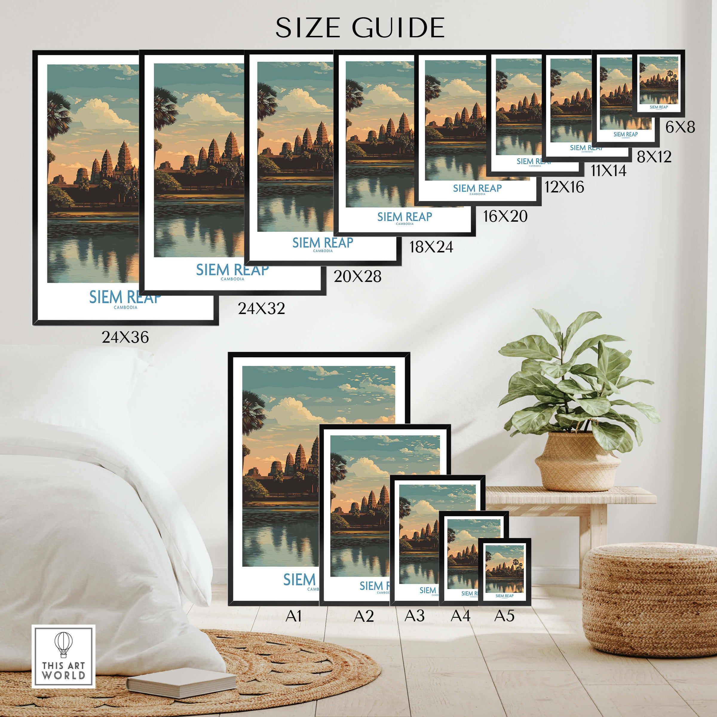 Siem Reap Canvas Print | Cambodia Khmer Poster size guide with framed options displayed in various dimensions.