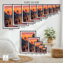Siem Reap Wall Art Print | Cambodia Sunset Street Scene Travel Poster size guide with various frame sizes displayed.