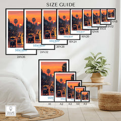Siem Reap Poster | Bustling Tuk Tuk Cambodia Cityscape Canvas Print Size Guide showcasing various frame sizes.