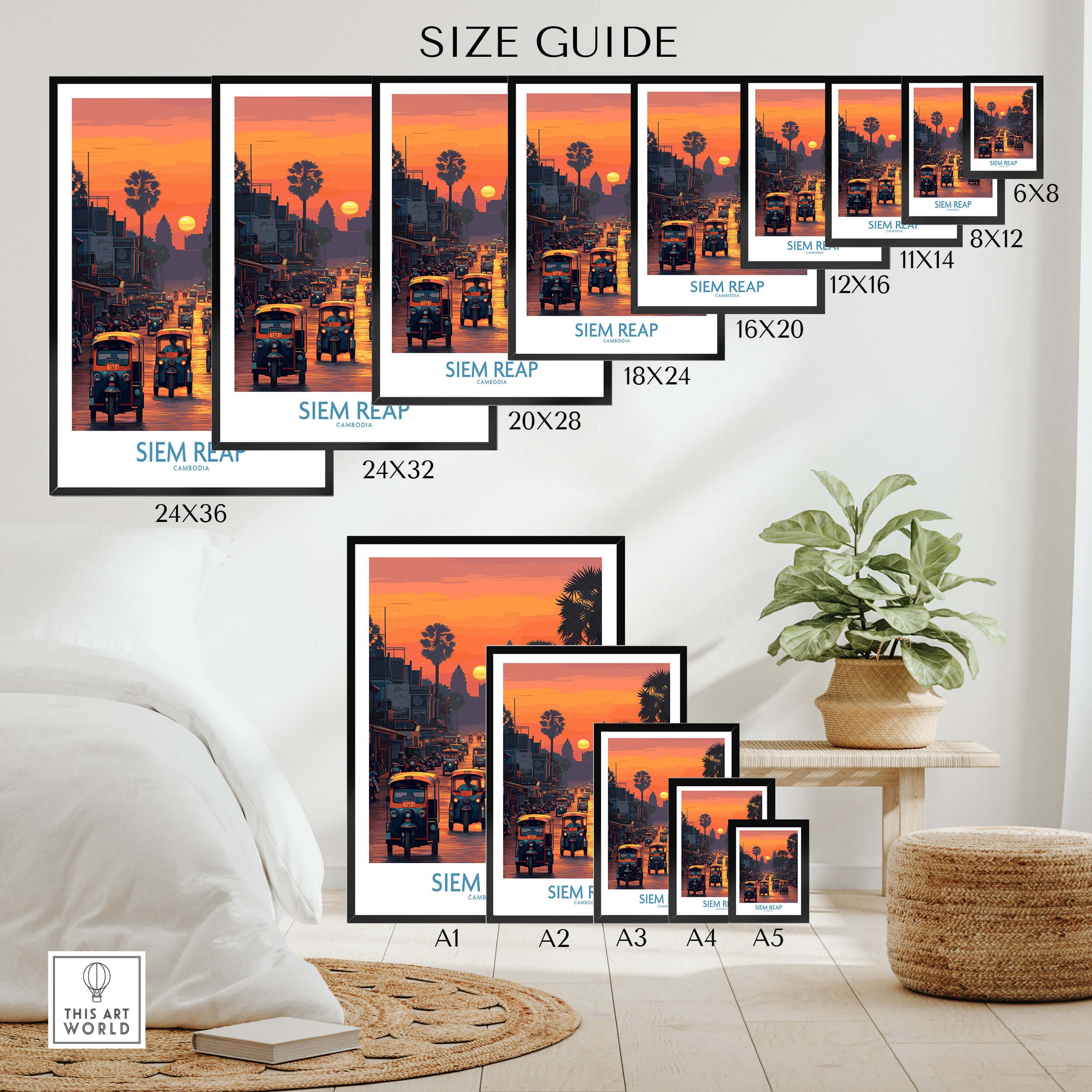 Siem Reap Poster | Bustling Tuk Tuk Cambodia Cityscape Canvas Print Size Guide showcasing various frame sizes.