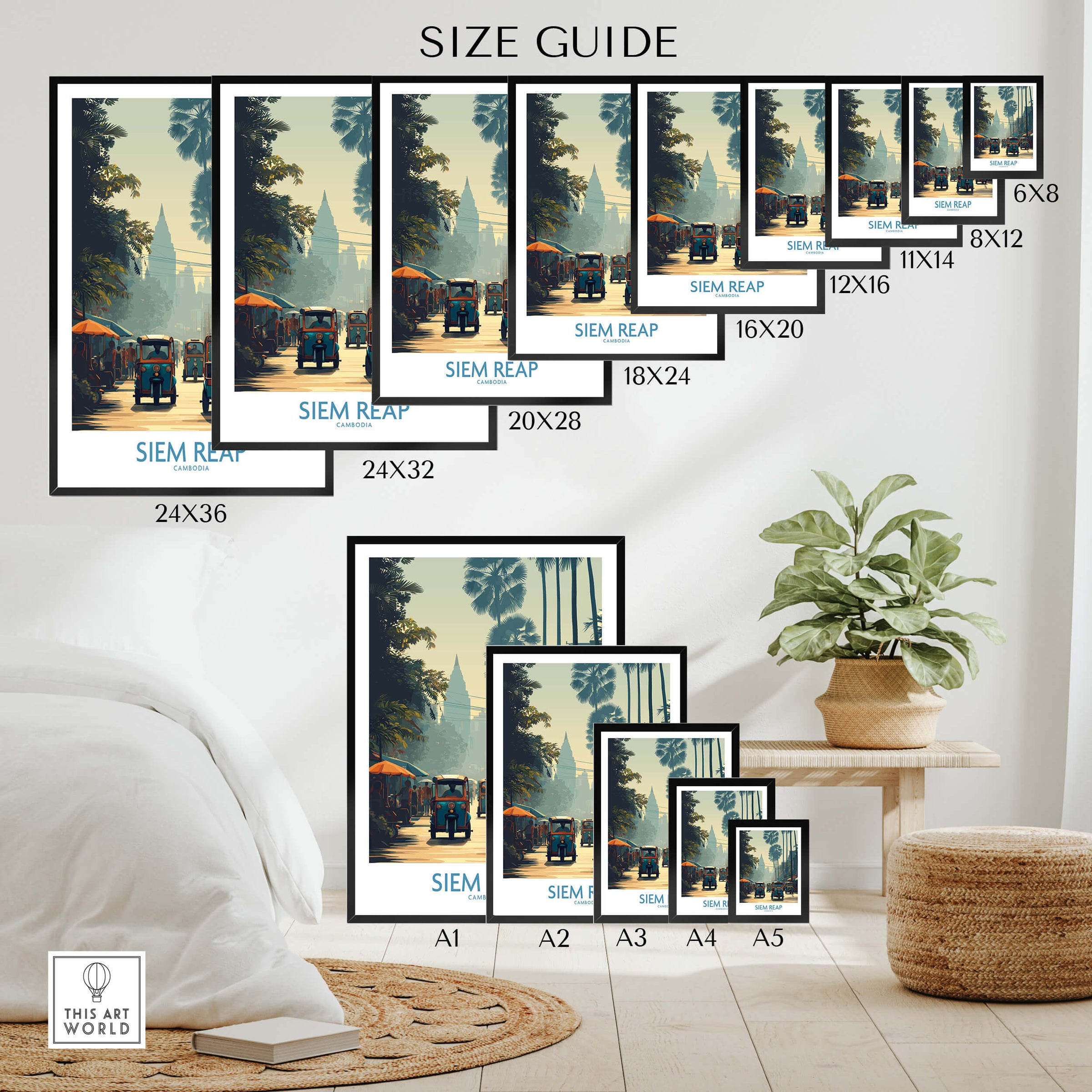 Siem Reap Cambodia Print | Canvas Poster size guide with various frame options and dimensions displayed.