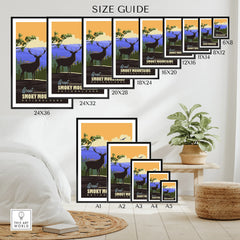 Great Smoky Mountains National Park poster size guide with various framed travel art prints displayed in a modern room.