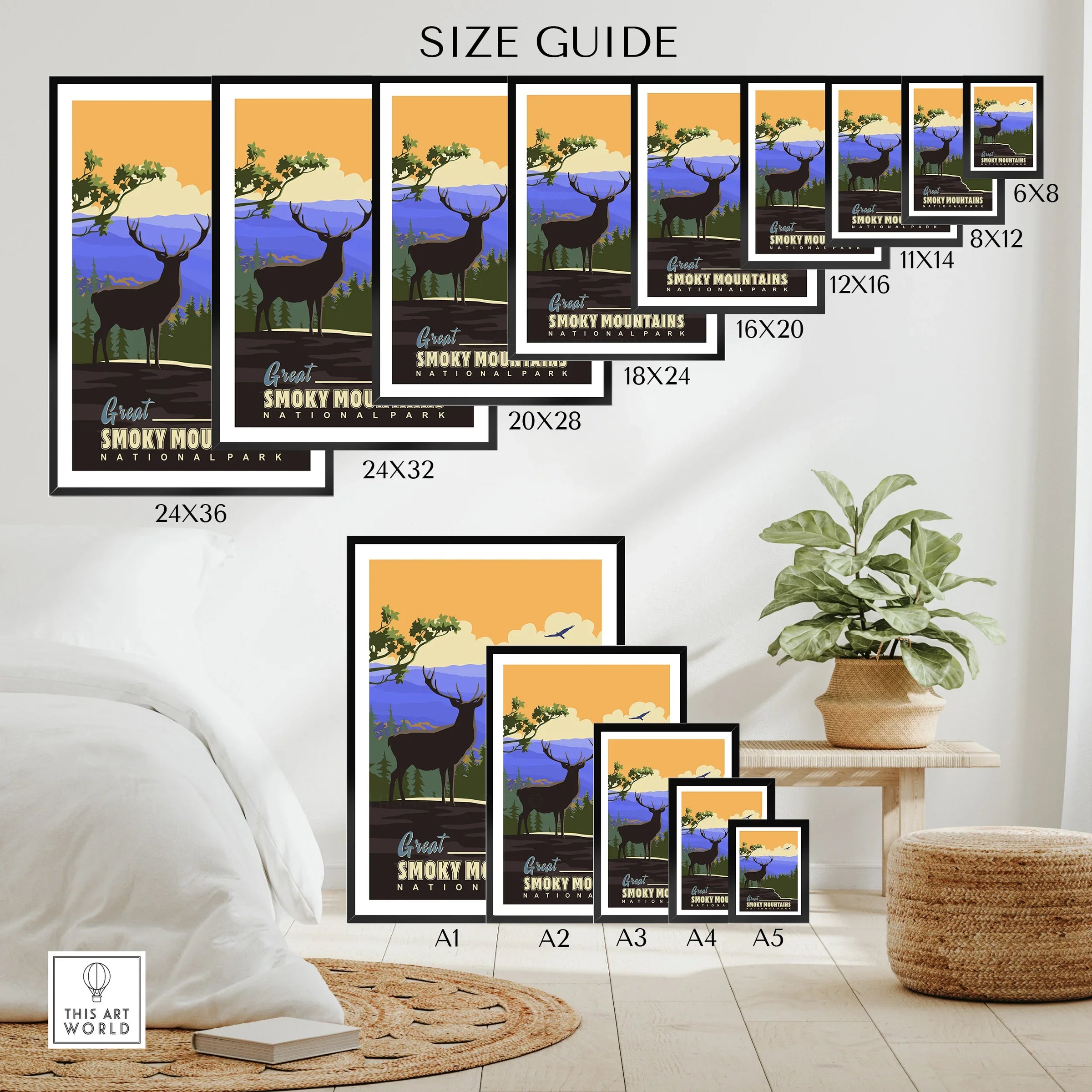 Great Smoky Mountains National Park poster size guide with various framed travel art prints displayed in a modern room.