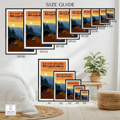 Great Smoky Mountains National Park poster size guide showing various wall art print options.