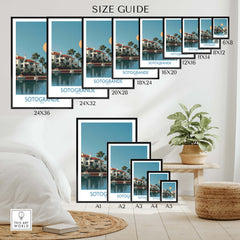 Sotogrande Spain Canvas Print | Mediterranean Waterfront Scenery Poster size guide showcasing various print dimensions.