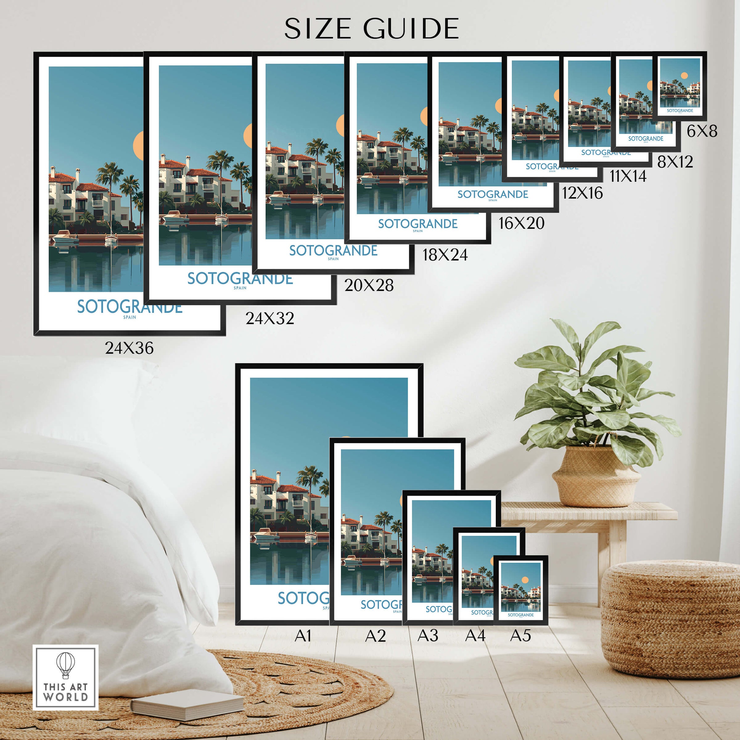 Sotogrande Spain Canvas Print | Mediterranean Waterfront Scenery Poster size guide showcasing various print dimensions.