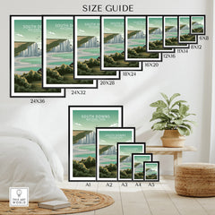 South Downs National Park wall art poster size guide with landscape prints in various frame sizes, modern home decor setting.