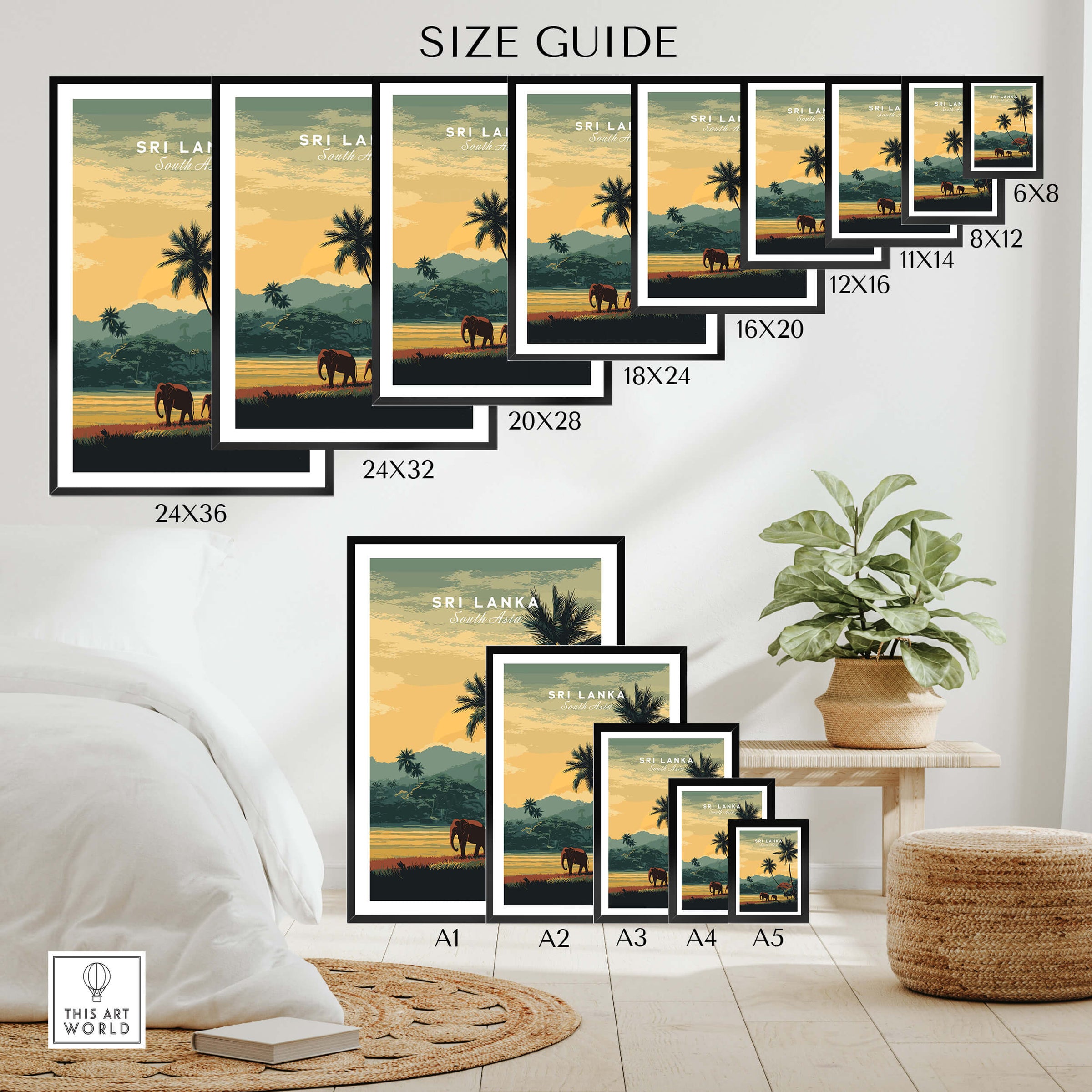 Sri Lanka Wall Art Print | Sunset Elephant Landscape Travel Poster size guide showcasing various print sizes.
