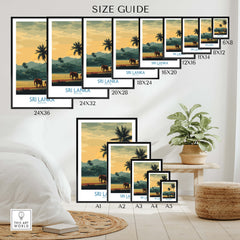 Sri Lanka Poster | Tropical Palm Tree & Elephant Canvas Print size guide featuring various frame dimensions and designs.