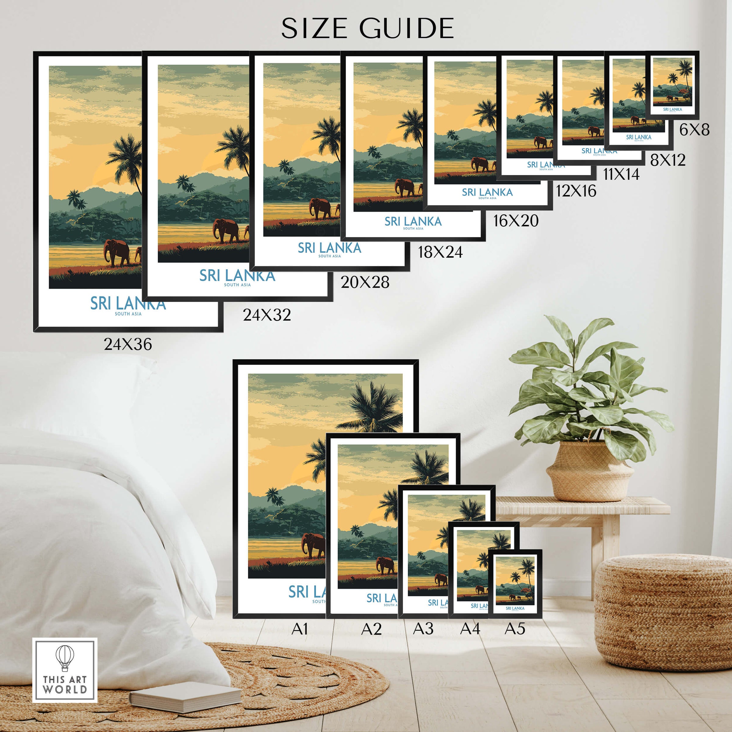 Sri Lanka Poster | Tropical Palm Tree & Elephant Canvas Print size guide featuring various frame dimensions and designs.
