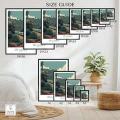 Sri Lanka Poster | Tropical Railway Canvas Print size guide featuring various frame sizes on a stylish display.