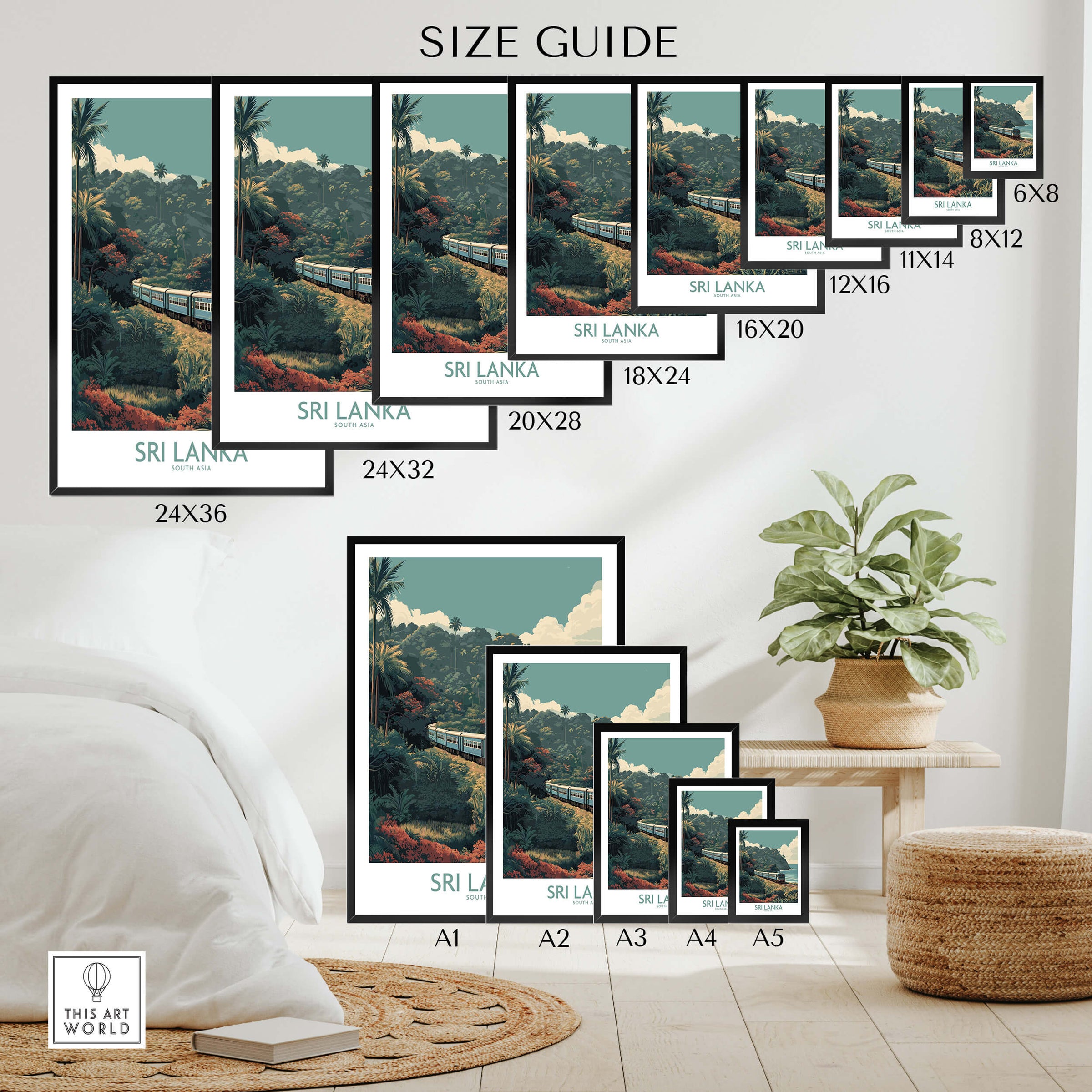 Sri Lanka Poster | Tropical Railway Canvas Print size guide featuring various frame sizes on a stylish display.