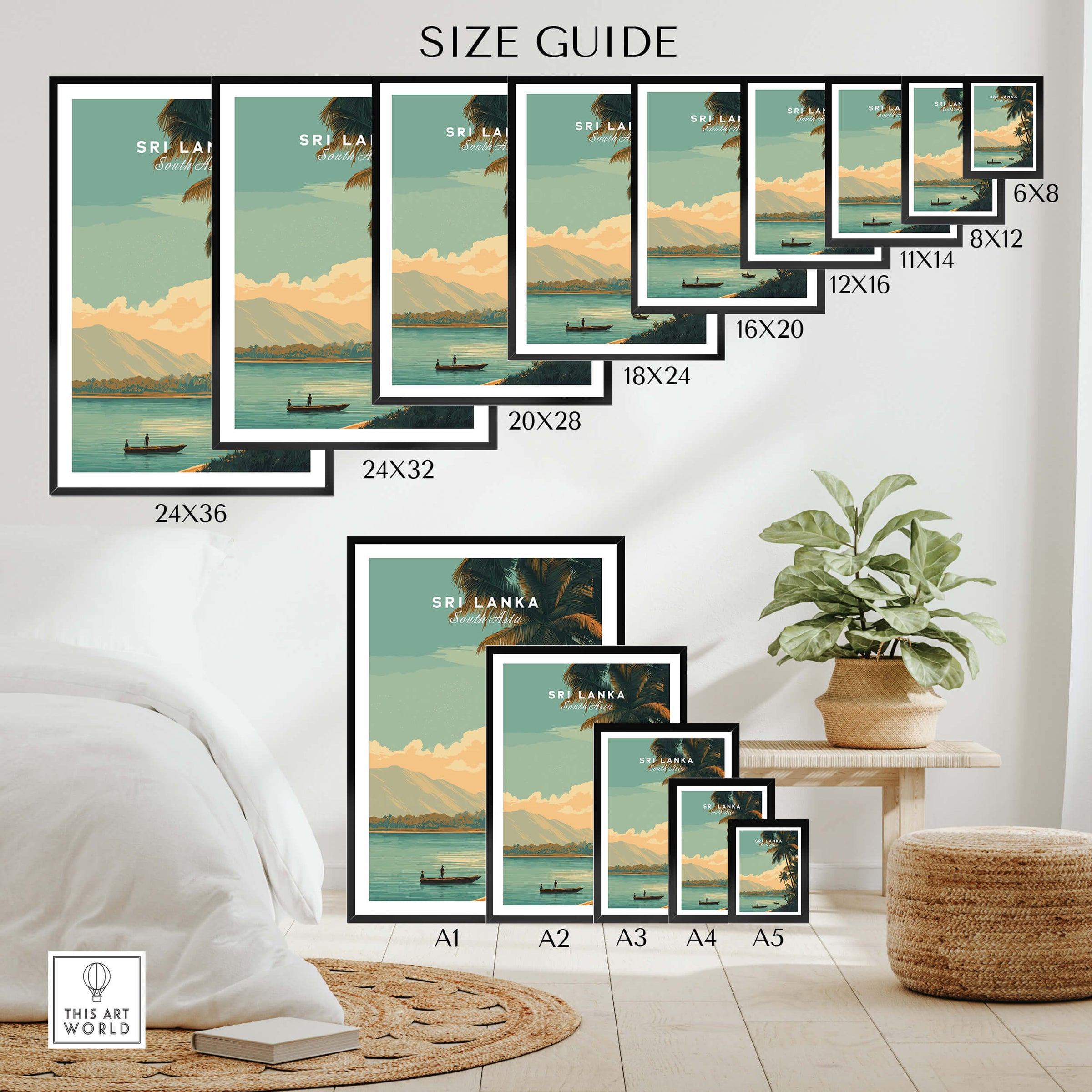 Sri Lanka Travel Poster | Sunset Wall Art Print size guide showing various frame sizes and home decor display options.