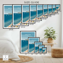 Swanage Dorset Wall Art Print | British Seaside Beach Travel Poster size guide with various frame dimensions.