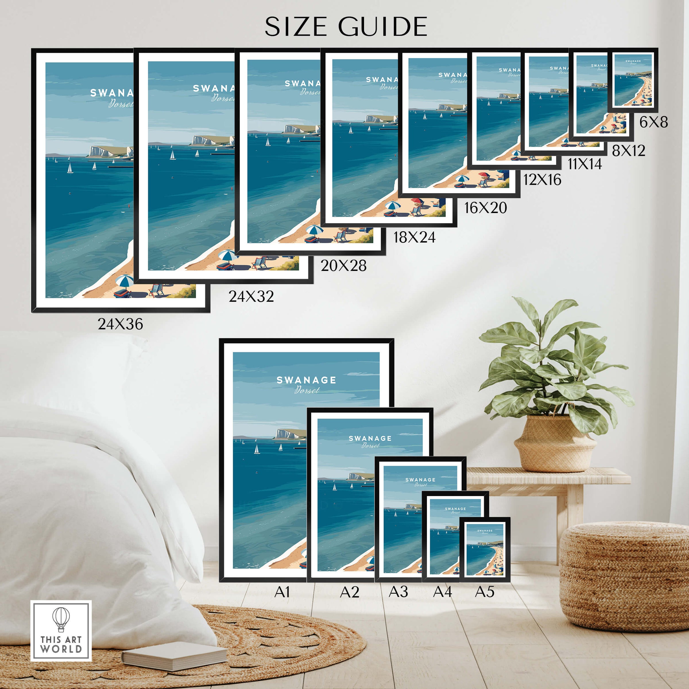Swanage Dorset Wall Art Print | British Seaside Beach Travel Poster size guide with various frame dimensions.