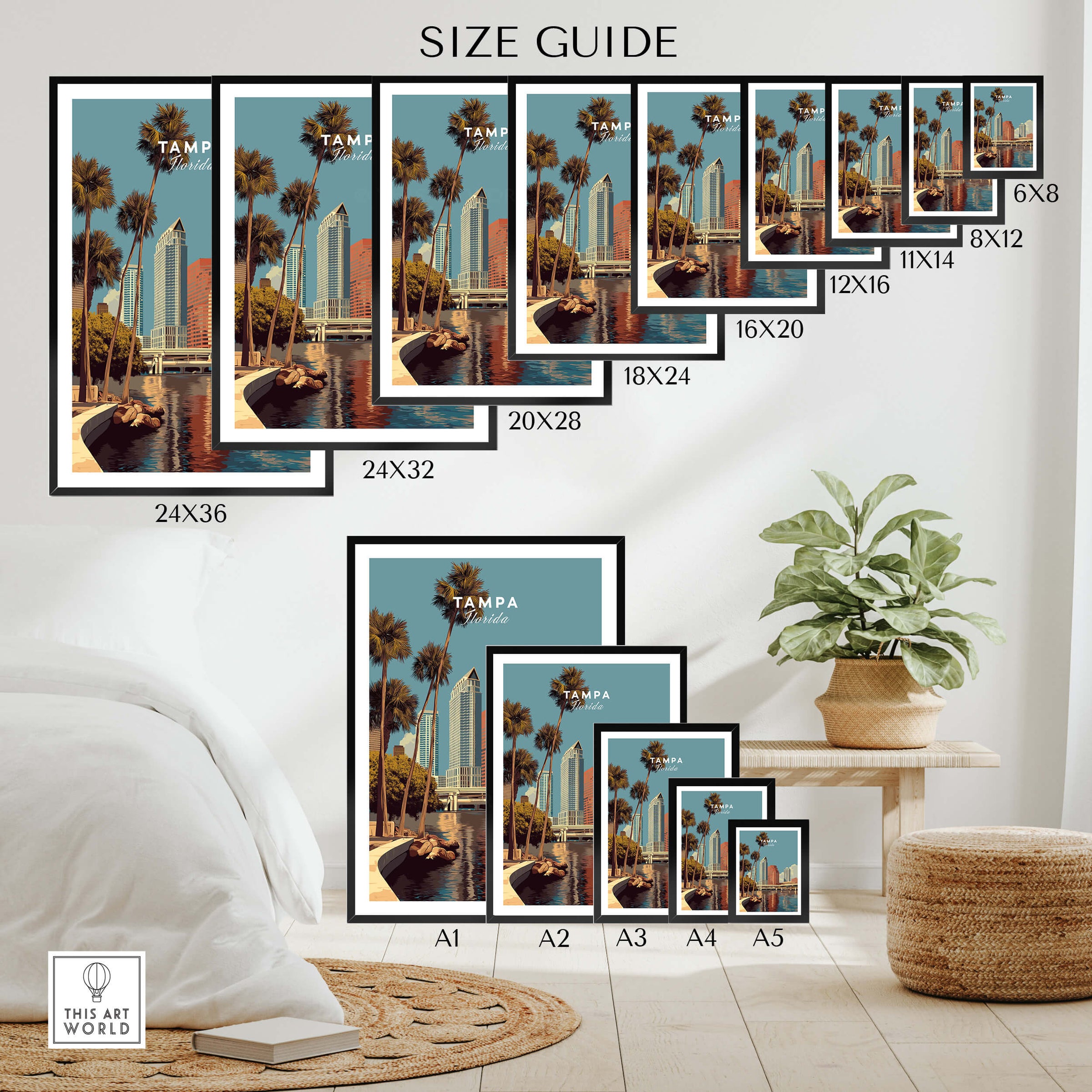 Tampa Florida Wall Art Print | Downtown City Skyline Travel Poster size guide with various dimensions displayed.