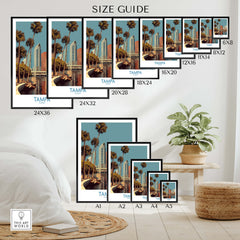 Tampa Florida Poster | Waterfront Sunset Cityscape Canvas Print size guide showing various frame dimensions and styles.
