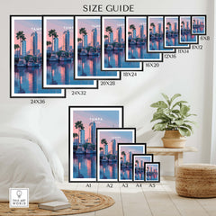 Tampa Florida Travel Poster | Marina Harbor & Skyline Wall Art Print size guide showing various frame options.