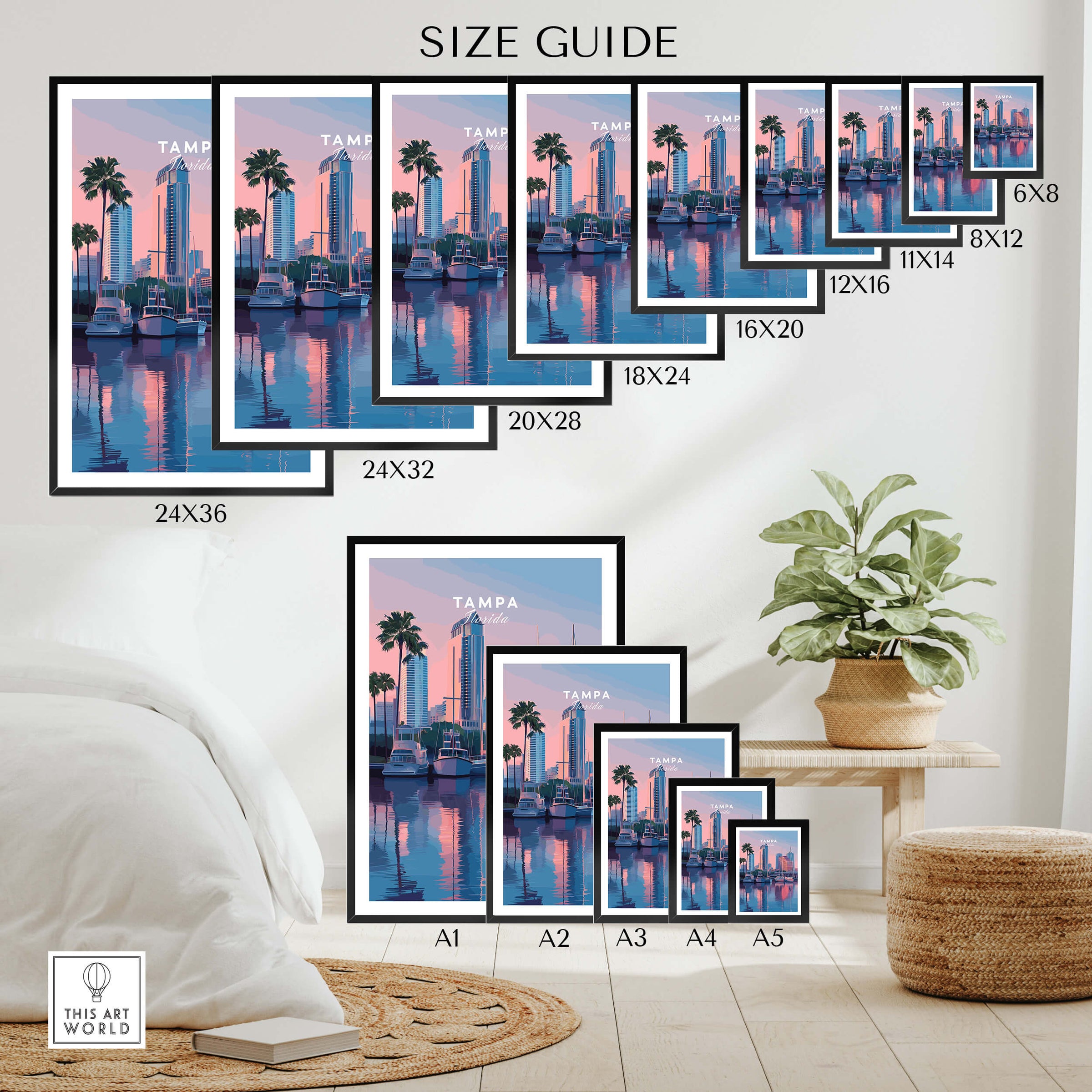 Tampa Florida Travel Poster | Marina Harbor & Skyline Wall Art Print size guide showing various frame options.