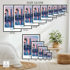 Tampa Florida Canvas Print | Sunset Bay & Sailboat Landscape Poster size guide display with various frame sizes.