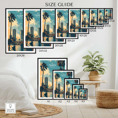 Tampa Florida Wall Art Print | Palm Trees & Modern Skyline Travel Poster size guide with various frame dimensions