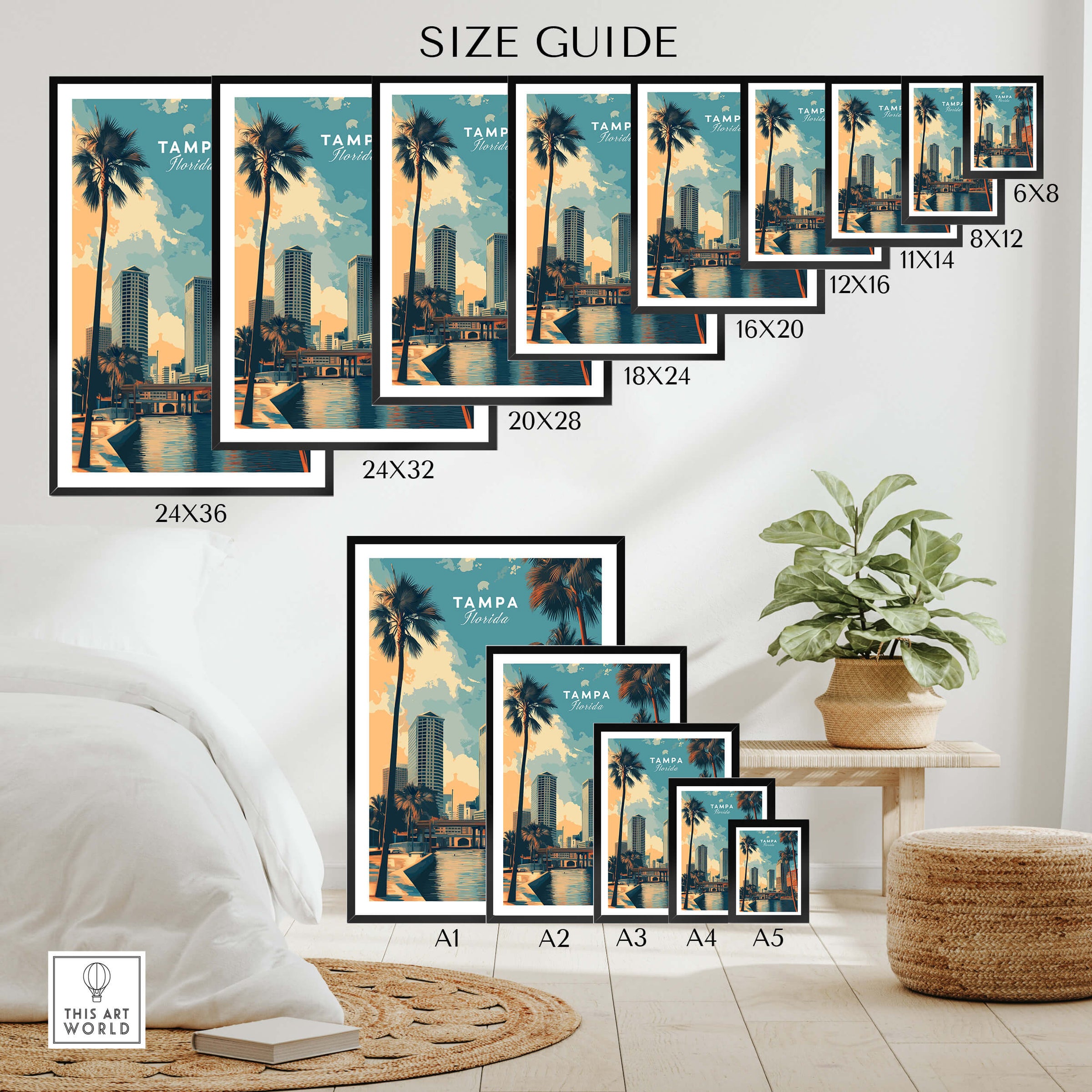 Tampa Florida Wall Art Print | Palm Trees & Modern Skyline Travel Poster size guide with various frame dimensions
