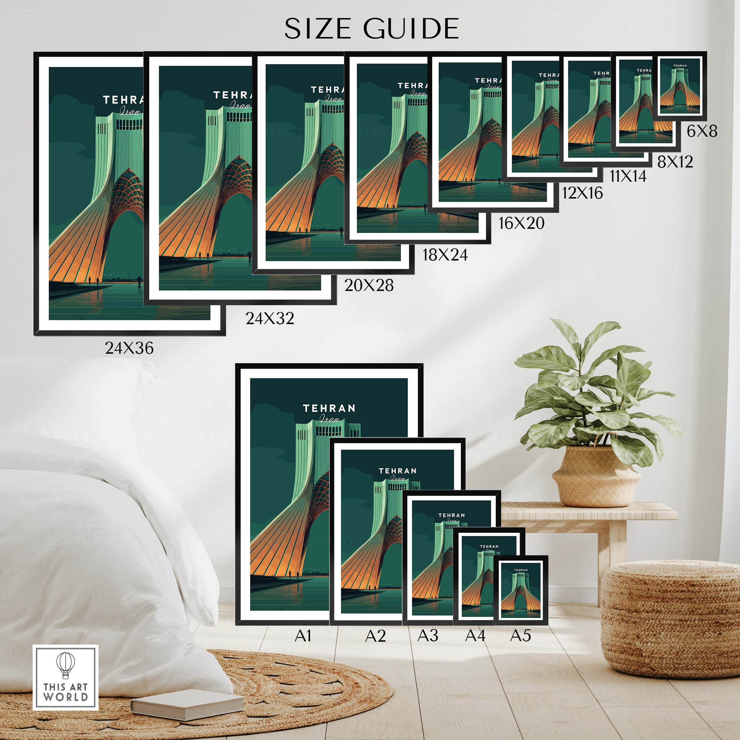 Tehran Iran Travel Poster | Azadi Tower Landmark Wall Art Print size guide featuring various frame sizes on display.