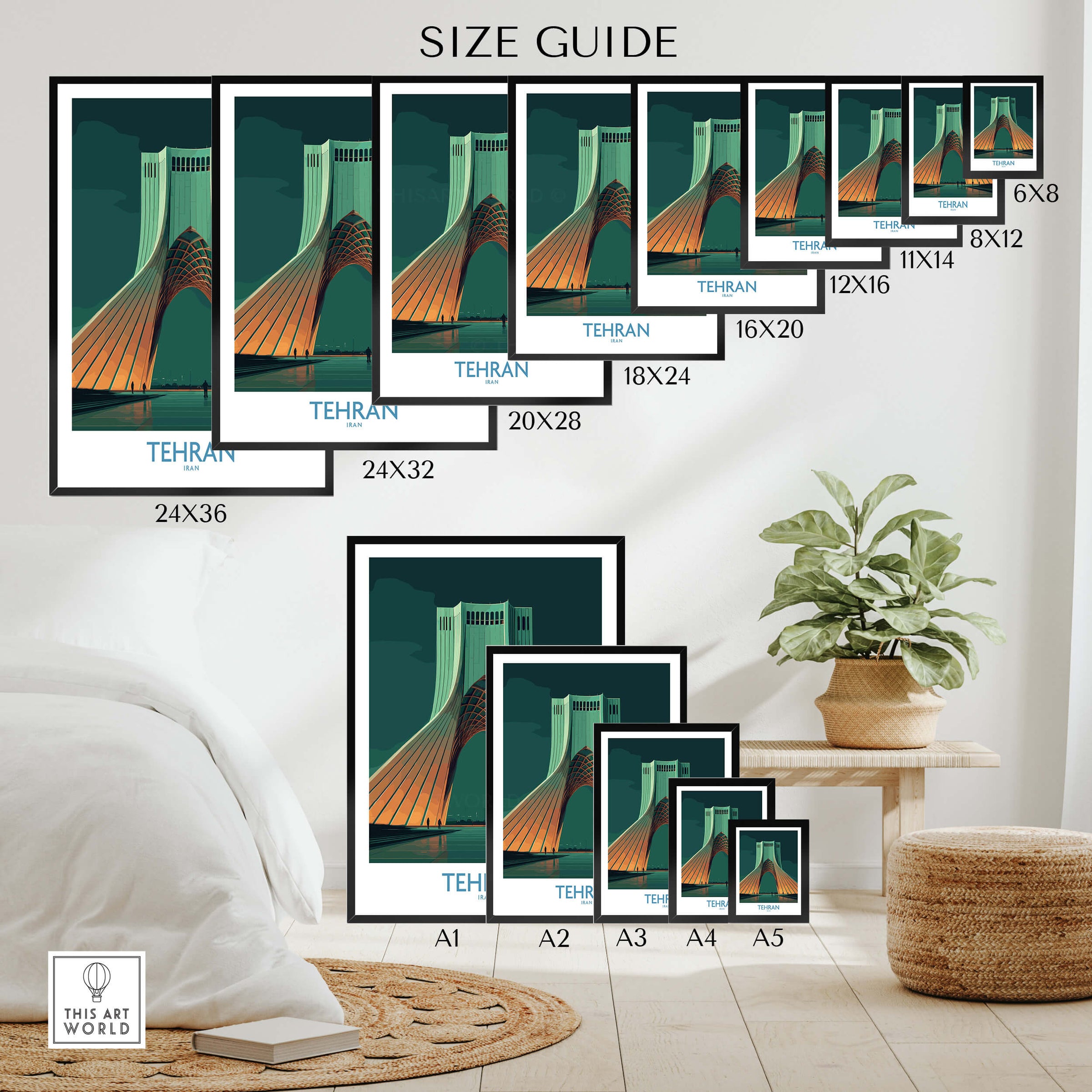 Tehran Iran Canvas Print | Iconic Persian Monument Cityscape Poster size guide with dimensions on various framed prints.