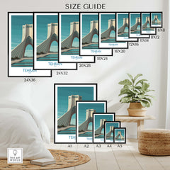 Tehran Poster Iran | Azadi Tower Sunset Architecture Canvas Print size guide with various frame sizes.