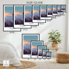 Tehran Iran Canvas Print | Evening City Landscape Poster size guide with various frame options displayed.