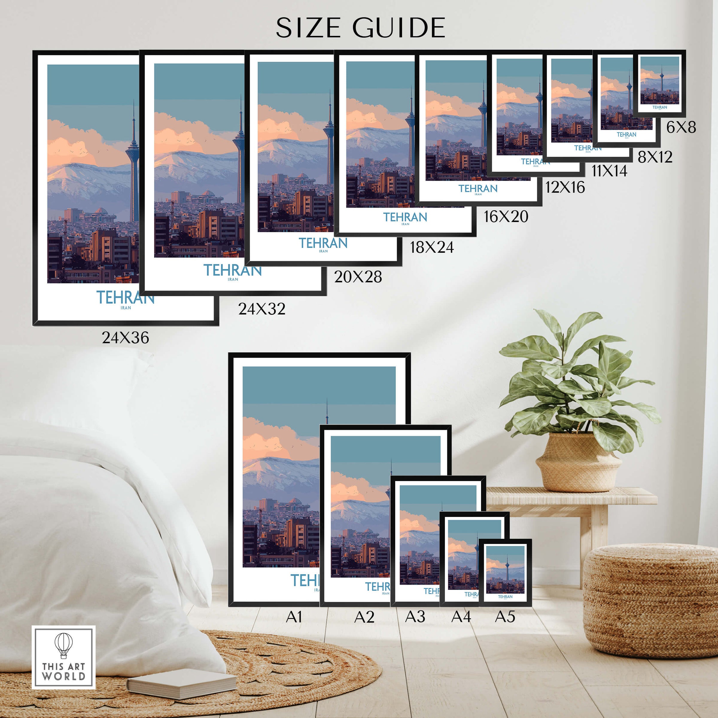 Tehran Iran Canvas Print | Evening City Landscape Poster size guide with various frame options displayed.