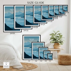 Tofino Canada Travel Poster | Pacific Coast Surfer Wall Art Print size guide with various frame options.