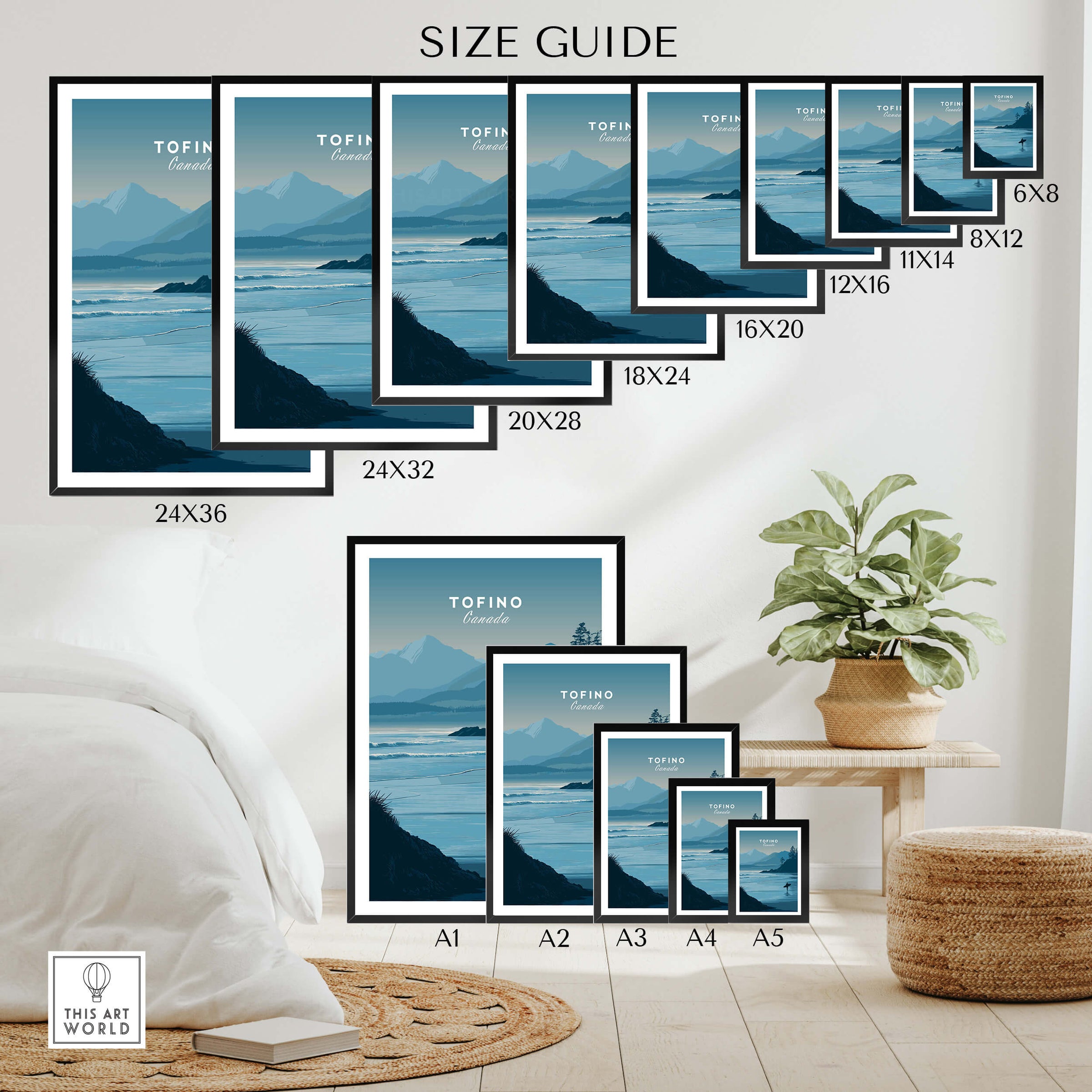 Tofino Canada Travel Poster | Pacific Coast Surfer Wall Art Print size guide with various frame options.