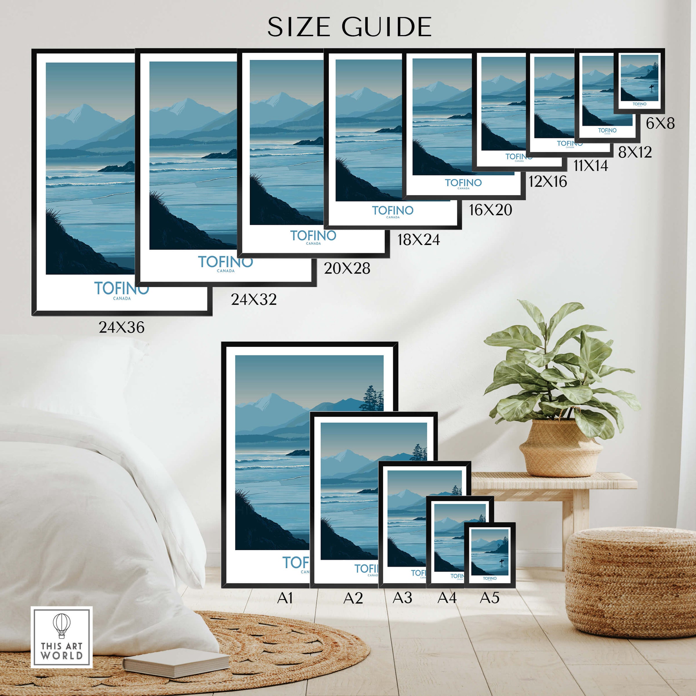 Tofino Canada Canvas Print | Misty Mountain & Shoreline Poster size guide with various print dimensions.